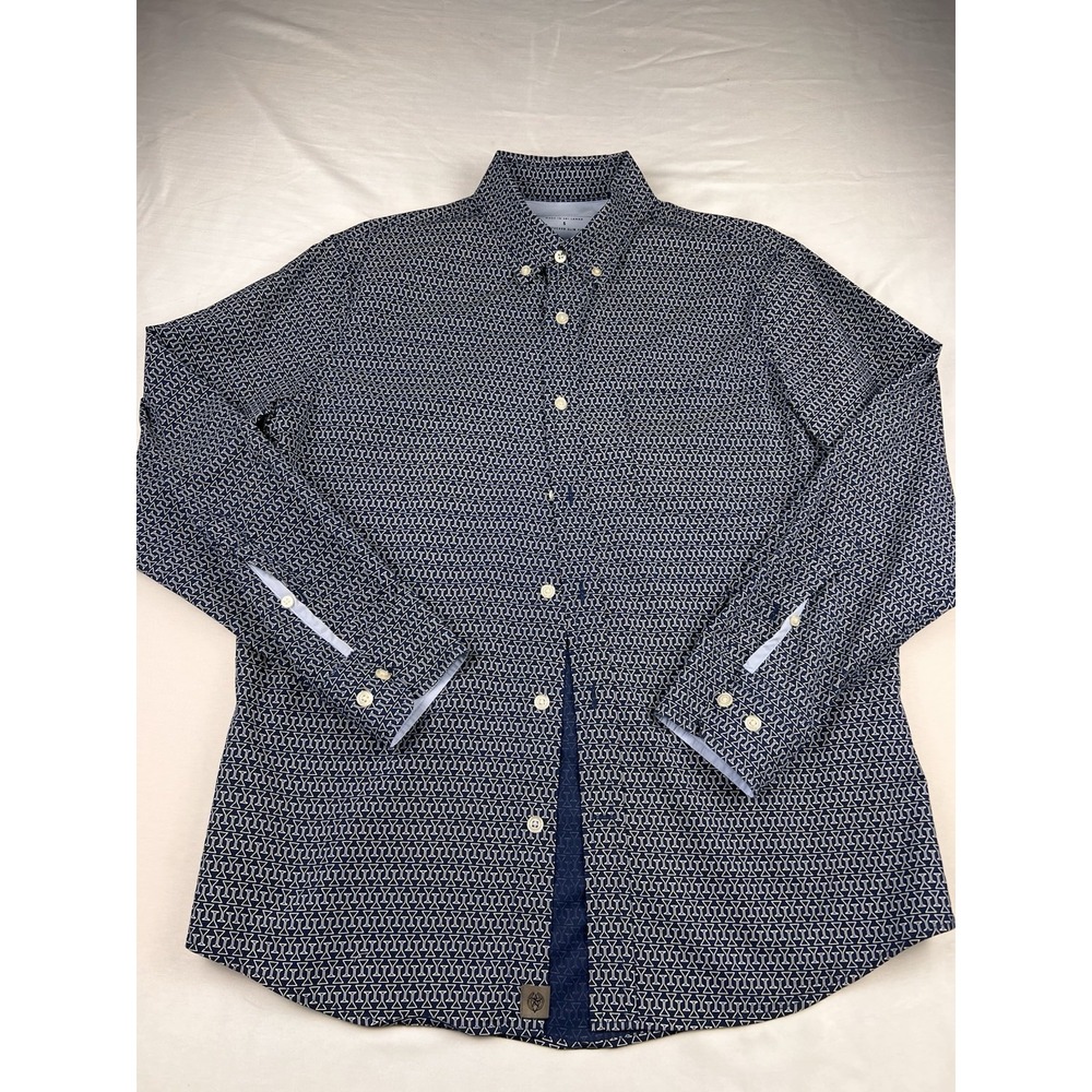 Banana Republic Luxe Poplin Shirt Slim Fit Untucked Navy Martini Print Small